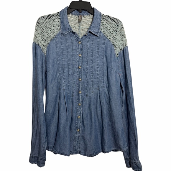 Free People Tops - Free People Lace Embroidered Denim Pearl Snap Tencel Linen Button Down Shirt 10